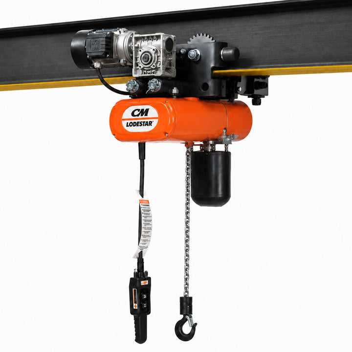 3 ton CM Lodestar Electric Chain Hoist with Universal Motorized Trolley, 20ft of lift @ 11fpm, 230/460v