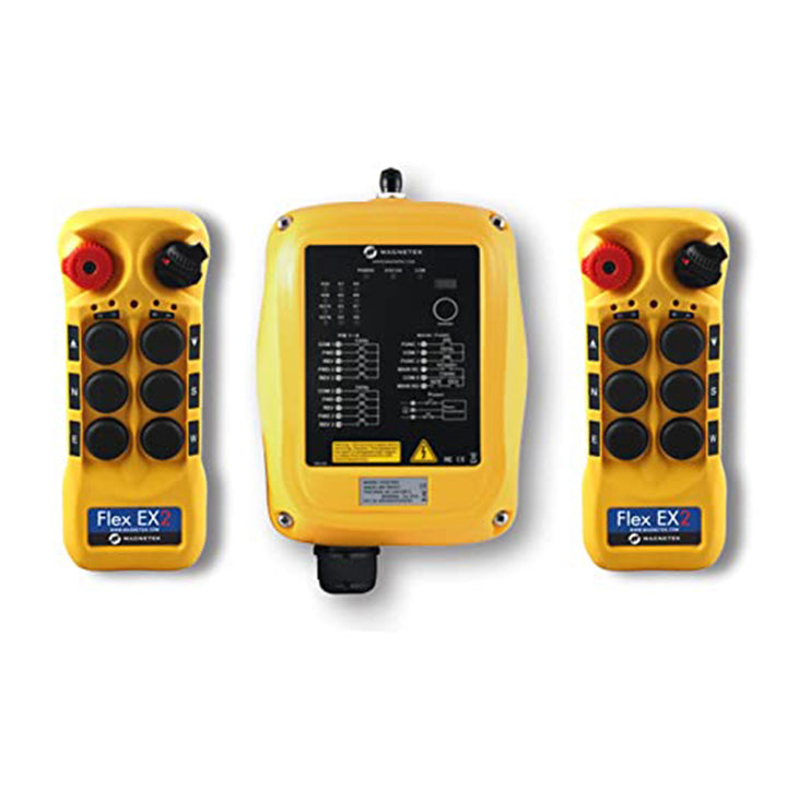 One 9-36 VDC receiver and two transmitters with six 2-speed pushbuttons (3-motion, 2-speed with E-stop, Off/On/Start)