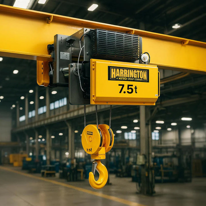 7.5 Ton Harrington RY Electric Wire Rope Hoist with Motorized Trolley, 40ft of lift @ 20/3.3fpm, 460v