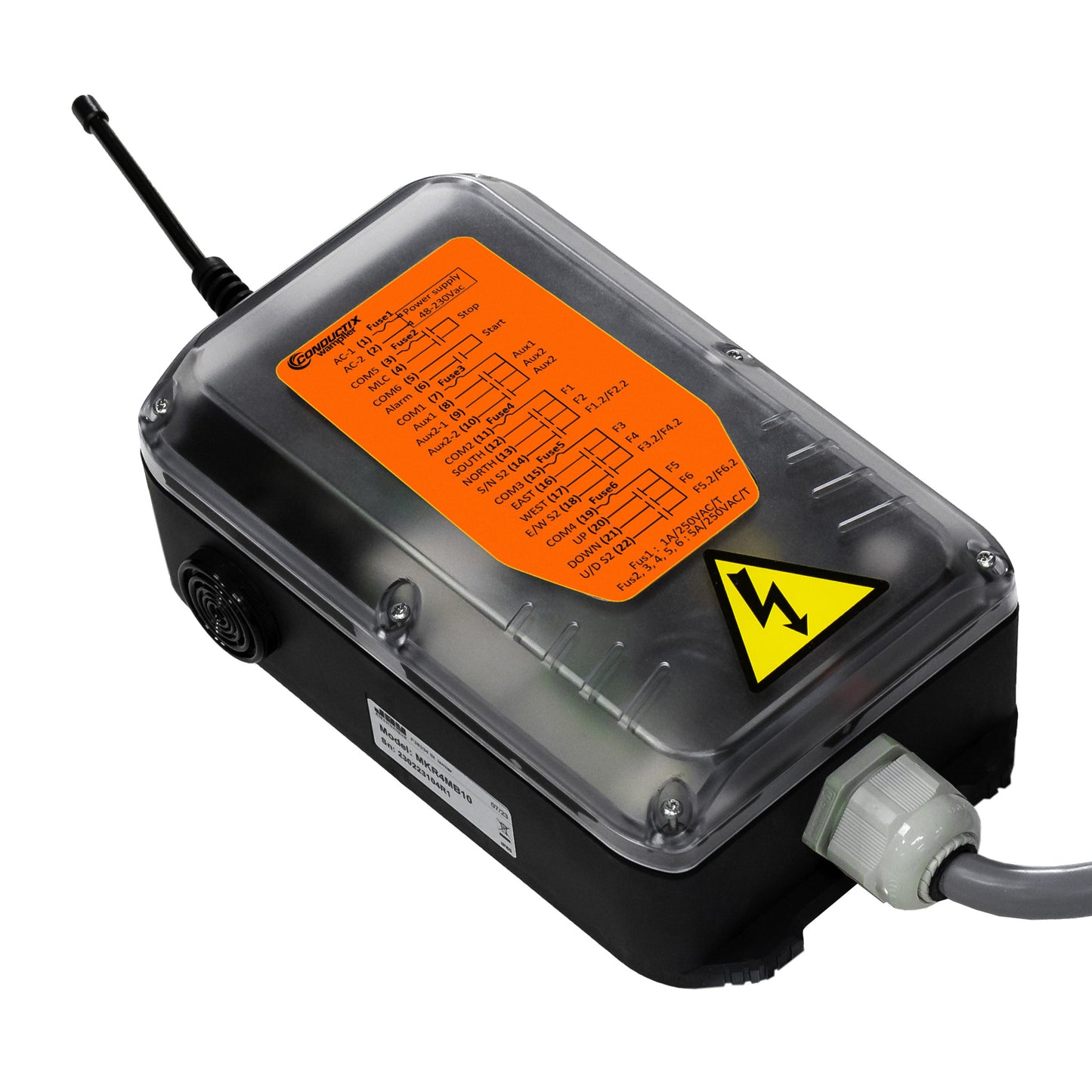 One Airmark Receiver 433 Mhz, with 48-230 VAC power supply, Relays: 1 start and 12 functions, integrated horn and light, and fixed antenna