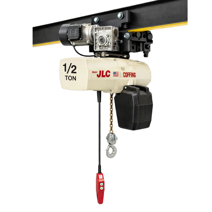 1/2 ton Coffing JLC Electric Chain Hoist with Universal Motorized Trolley, 20ft of lift @ 32fpm, 230/460v