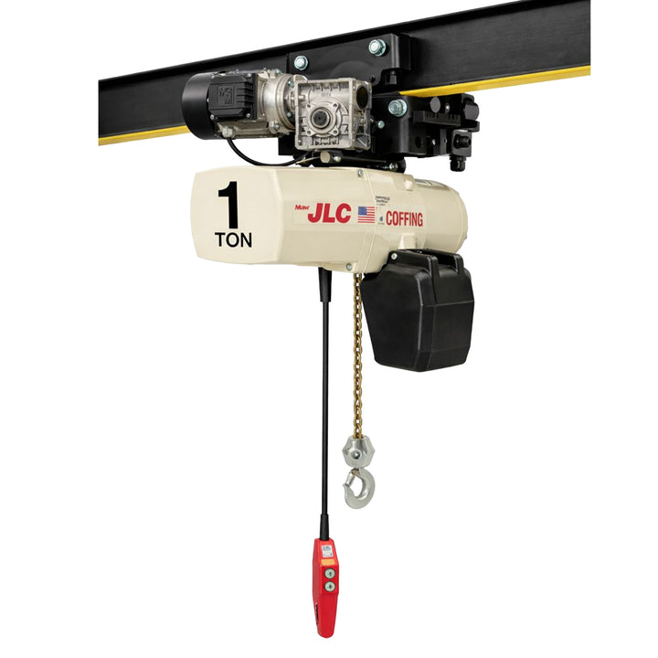 1 ton Coffing JLC Electric Chain Hoist with Universal Motorized Trolley, 15ft of lift @ 16fpm, 230/460v