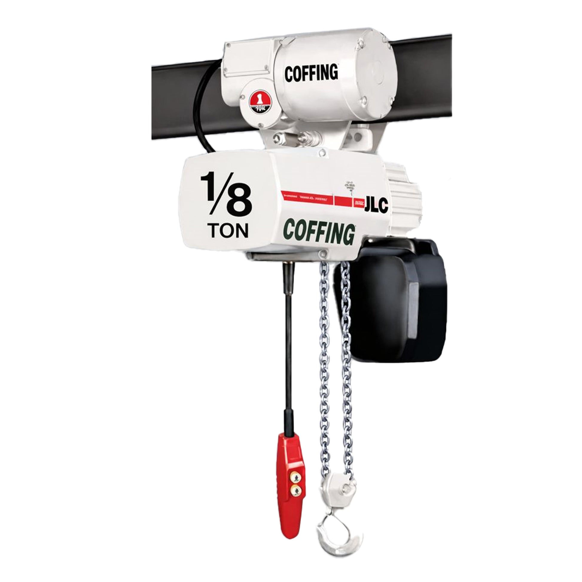 1/8 ton Coffing JLC Electric Chain Hoist with Motorized Trolley, 20ft of lift @ 32fpm, 230/460v