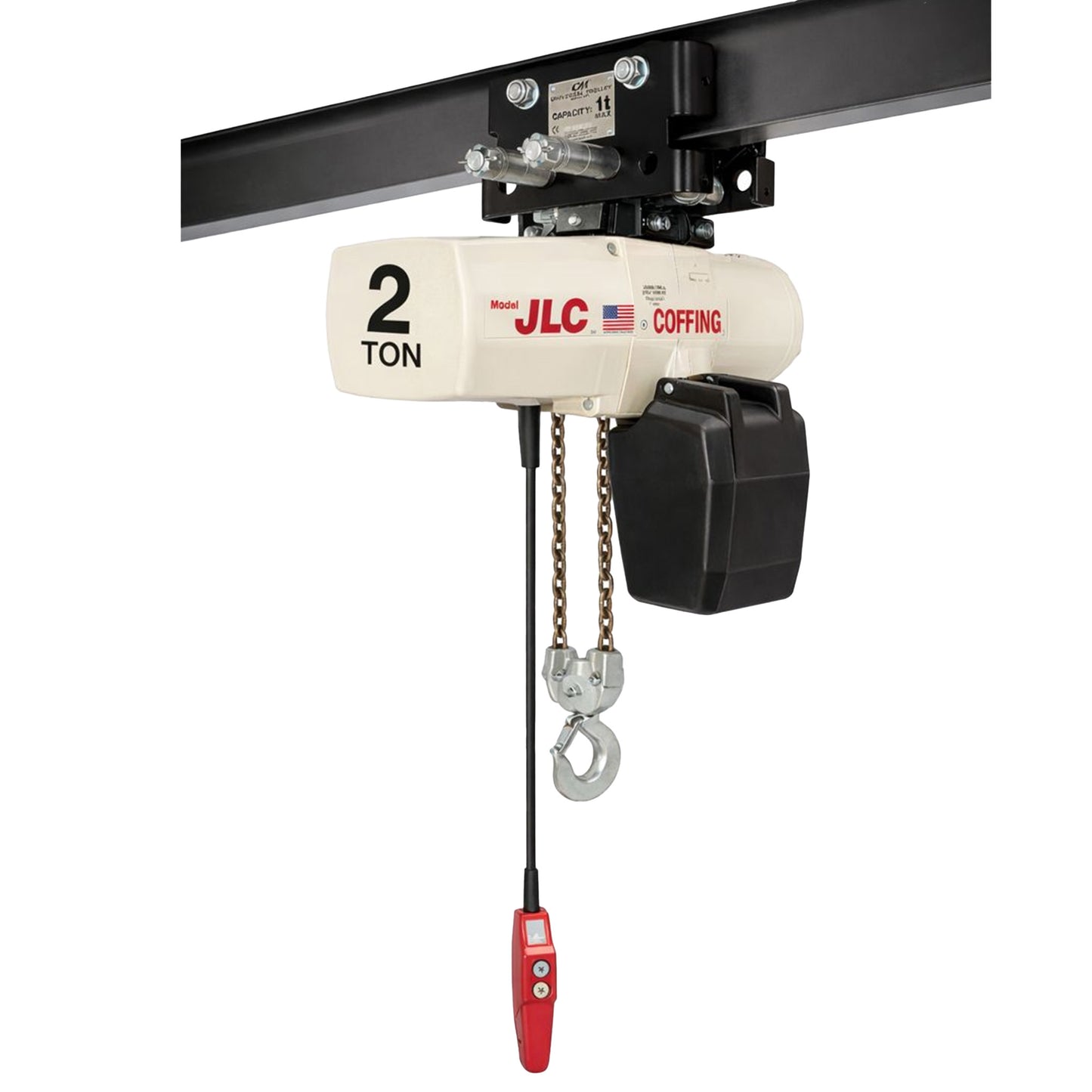 2 ton Coffing JLC Electric Chain Hoist with Universal Plain Trolley, 20ft of lift @ 8fpm, 230/460v