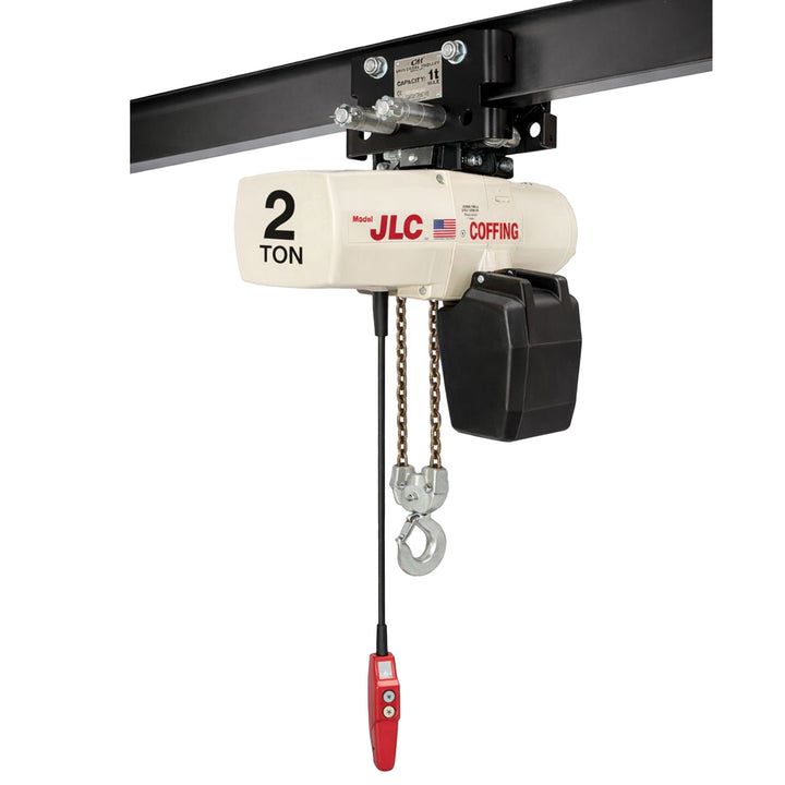 2 ton Coffing JLC Electric Chain Hoist with Universal Plain Trolley, 20ft of lift @ 8fpm, 230/460v