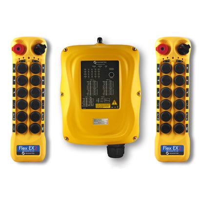One 9-36 VDC receiver and two transmitters with twelve 2-speed pushbuttons (6-motion, 2-speed with E-stop, Off/On/Start)