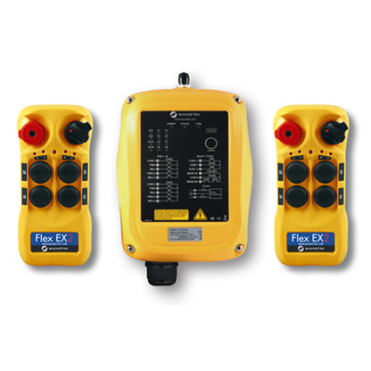 One 9-36 VDC receiver and two transmitters with four 2-speed pushbuttons (2-motion, 2-speed with E-stop, Off/On/Start)